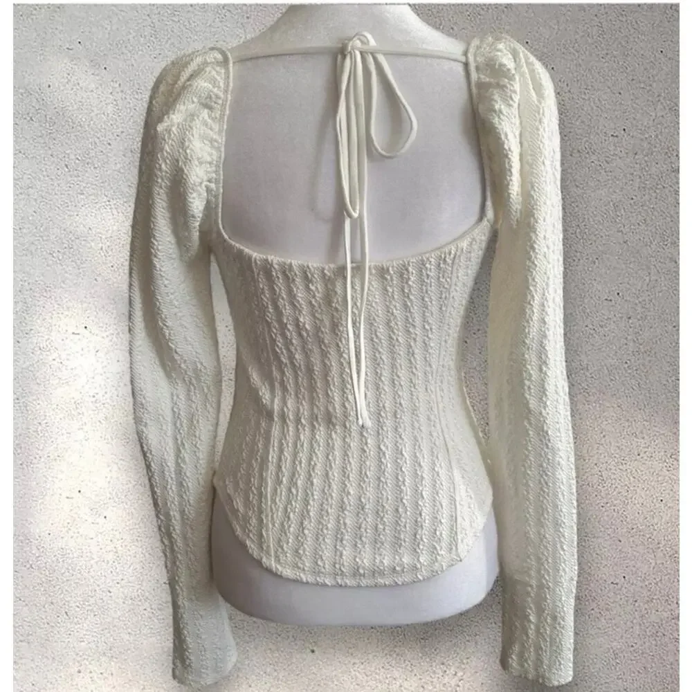 NWT FREE PEOPLE Brittany White Ribbed Puff Sleeve Top Large White Boho